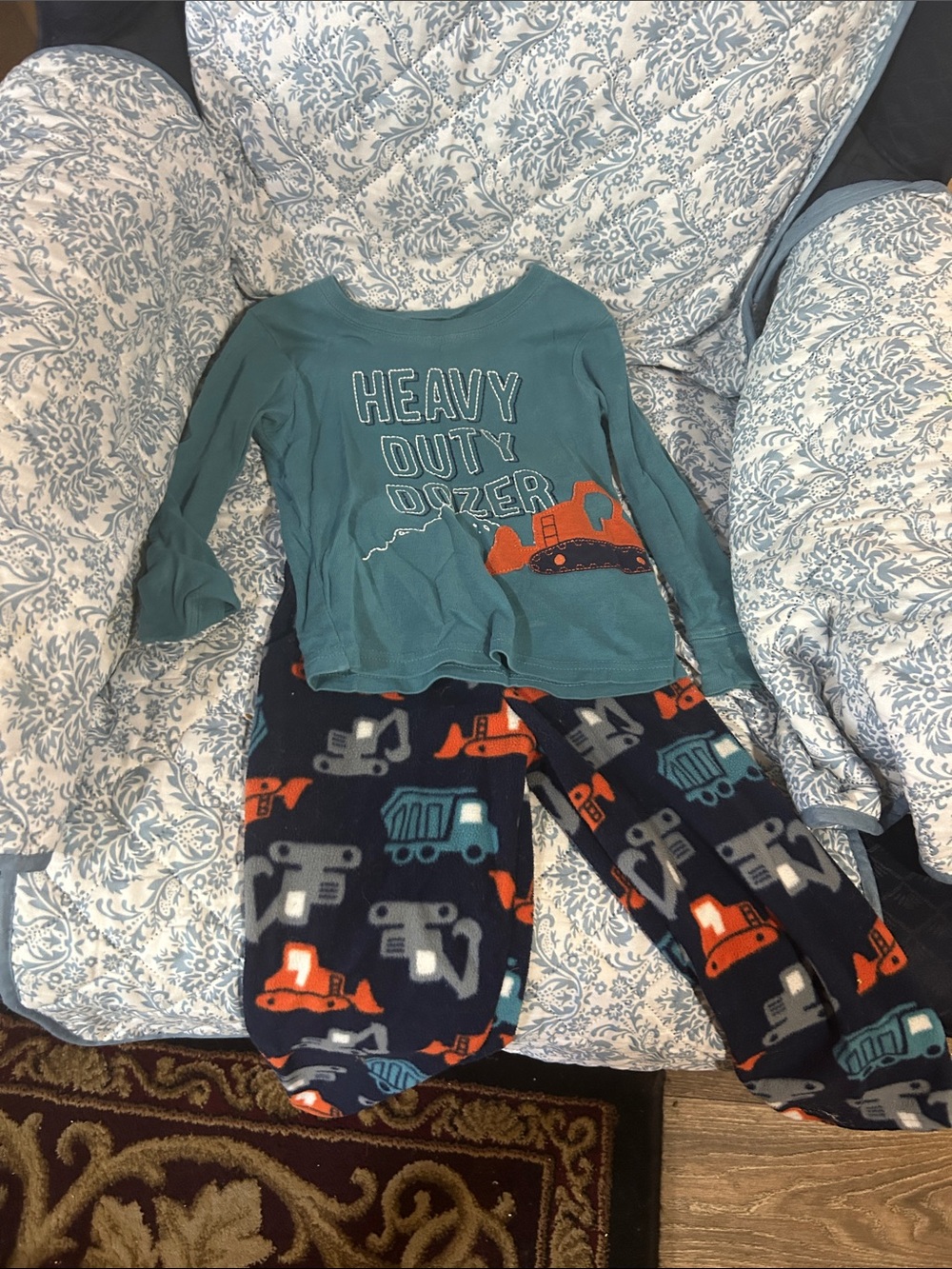Kids Construction Pajama Set - Teal Top with Navy Vehicle Print Pants